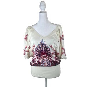 Free People Top Womens Medium Boho Dolman Batwing Peacock Print Knit Sweater